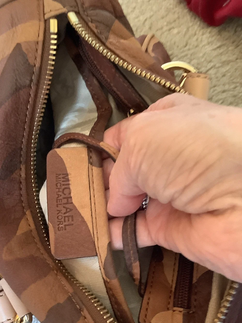 Michael Kors Brown & Tan Camo Satchel with Gold Hardware